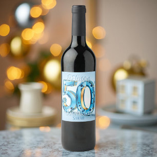 Etiqueta Para Botella De Vino Elegante Gemstone azul y oro 50 cumpleaños