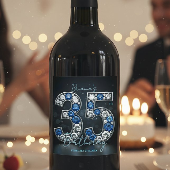Etiqueta Para Botella De Vino Elegante Glam Sapphire Diamond 35 cumpleaños (Subido por el creador)