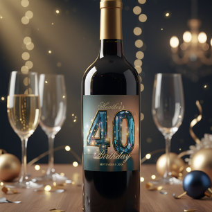 Etiqueta Para Botella De Vino Elegante Glamuroso Cumpleaños 40 Cristal Turquesa