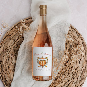 Etiqueta Para Botella De Vino Elegante guión de cresta de calabaza Feliz Día de 