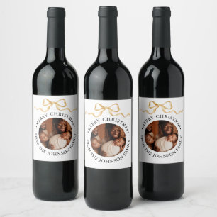 Etiqueta Para Botella De Vino Elegante guión y foto regalo de Navidad familiar