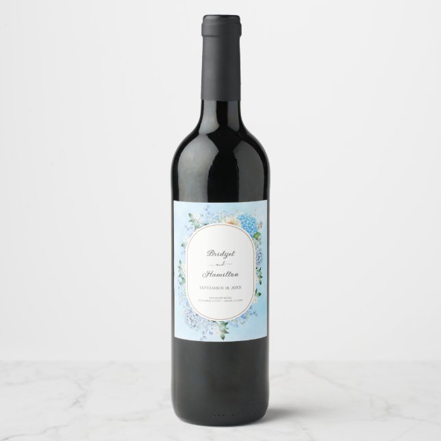 Etiqueta Para Botella De Vino Elegante Hydrangea Azul (Anverso)