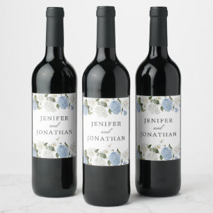 Etiqueta Para Botella De Vino Elegante Hydrangea Azul Roses Blancas Boda Floral