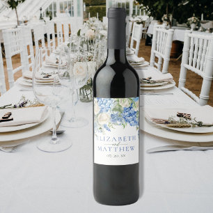 Etiqueta Para Botella De Vino Elegante Hydrangea Azul Roses Blancas Boda Floral