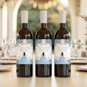 Etiqueta Para Botella De Vino Elegante Lazo de Princesa Quinceañera Azul Bebé y