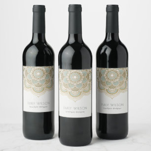 Etiqueta Para Botella De Vino Elegante Mandala Ornado de Oro Teal Turquesa