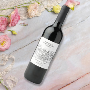 Etiqueta Para Botella De Vino Elegante Mansión Dibujada A Mano Boda Gracias