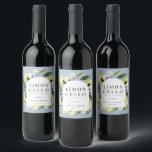 Etiqueta Para Botella De Vino Elegante marco de limones botánicos para vino Limo<br><div class="desc">Elegantes limones botánicos en acuarela,  hojas y flores en marco arqueado,  etiqueta de bebida limoncello sobre color azul polvoriento claro. Líneas de plantilla para sus nombres y fecha del evento.</div>
