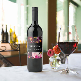 Etiqueta Para Botella De Vino Elegante marco floral rosa borgoñona negra