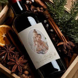 Etiqueta Para Botella De Vino Elegante marco ovalado Fotos navideñas merry