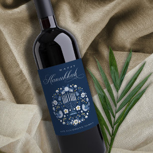 Etiqueta Para Botella De Vino Elegante Marina Clásica Azul Feliz Floral Hanukkah