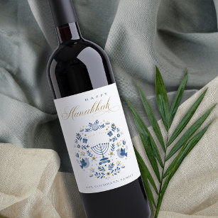 Etiqueta Para Botella De Vino Elegante Marina Clásica Azul Feliz Floral Hanukkah
