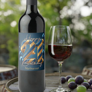 Etiqueta Para Botella De Vino Elegante Medianoche Azul y Gold Striped 21 cumplea