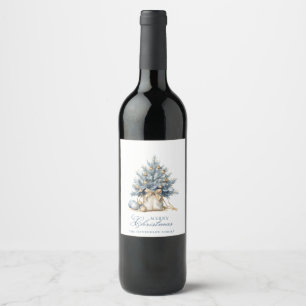 Etiqueta Para Botella De Vino Elegante Merry Christmas Tree Gold Blue Custom Nam