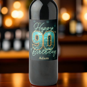 Etiqueta Para Botella De Vino Elegante Moda Verde azulada y Metálico Oro 90 cump