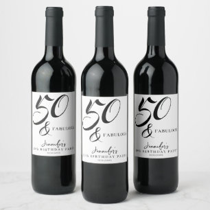 Etiqueta Para Botella De Vino Elegante Moderno Negro Blanco Cincuenta Cumpleaños