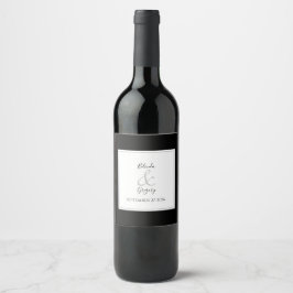 Etiqueta Para Botella De Vino Elegante Monograma Boda blanco y negro