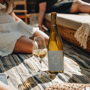 Etiqueta Para Botella De Vino Elegante Monograma de Cumbre Floral Azul para Boda