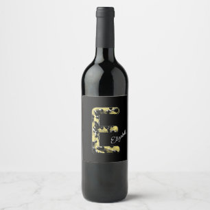 Etiqueta Para Botella De Vino Elegante Monograma de Letra E Negra en Oro Vintage
