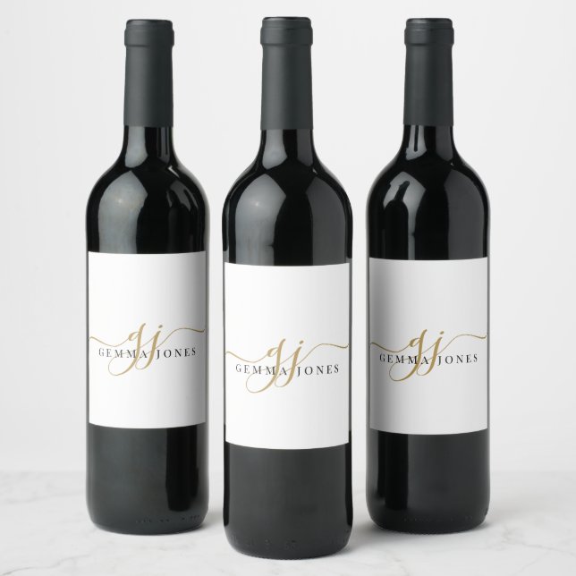 Etiqueta Para Botella De Vino Elegante Monograma de Oro Negro Elegante Nombre de (Botellas)