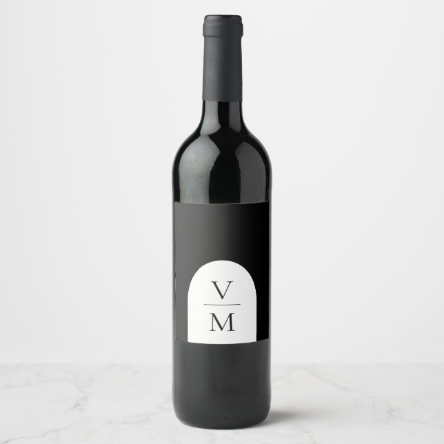 Etiqueta Para Botella De Vino Elegante Monograma Negro Boda (Anverso)