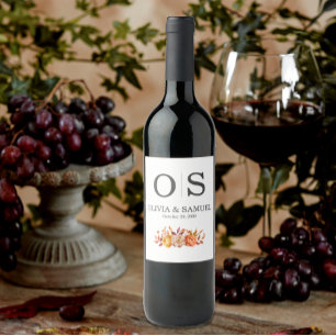 Etiqueta Para Botella De Vino Elegante Monograma Rústica Boda de Caída Floral