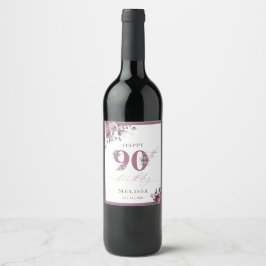 Etiqueta Para Botella De Vino Elegante Morado Floral 90 cumpleaños