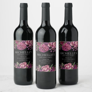 Etiqueta Para Botella De Vino Elegante morado rosado floral negro cumpleaños
