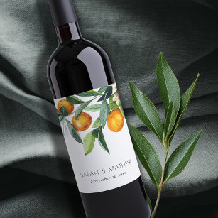 Etiqueta Para Botella De Vino Elegante Naranja de Citrus Boda Boho Botánico