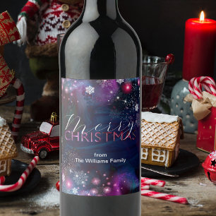 Etiqueta Para Botella De Vino Elegante Navidad mágica de invierno rosa y azul