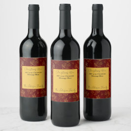 Etiqueta Para Botella De Vino Elegante Navideño Rojo Fiesta Hoja de Oro Navidad