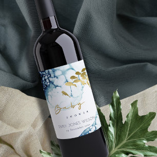 ETIQUETA PARA BOTELLA DE VINO ELEGANTE NAVY DE ORO BAJO EL MAR FISH BABY SHOWER