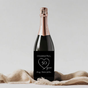 Etiqueta Para Botella De Vino Elegante Negro 50 Años Aniversario con Corona
