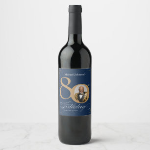 Etiqueta Para Botella De Vino Elegante Oro Azul Marino Foto 80 Cumpleaños 