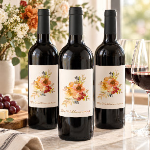 Etiqueta Para Botella De Vino Elegante Otoño Caída Acuarela Floral Personalizada