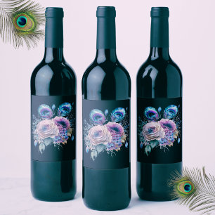 Etiqueta Para Botella De Vino Elegante Pavo Real Negro Floral