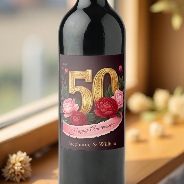 Etiqueta Para Botella De Vino Elegante Peony Bouquet 50º aniversario Boda (Subido por el creador)