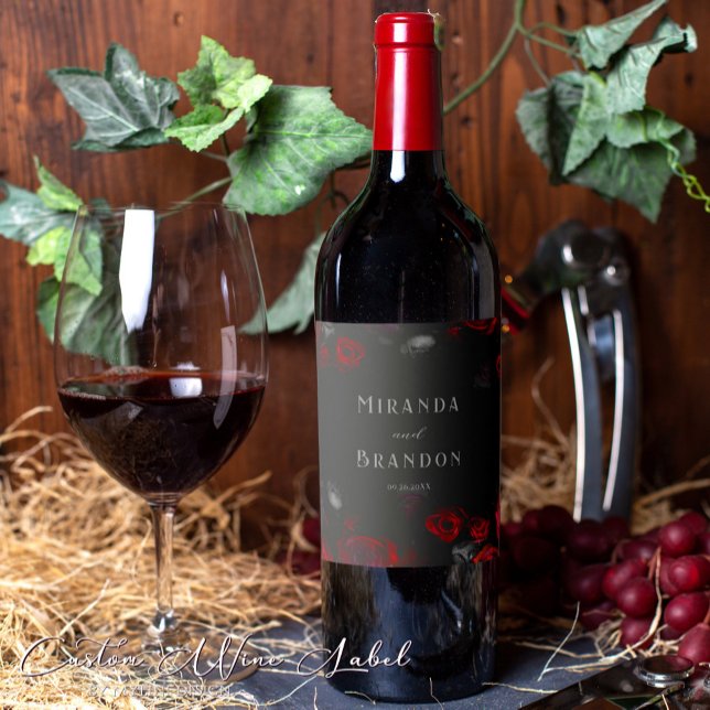 Etiqueta Para Botella De Vino Elegante Personalizado Boda floral negro y rojo (Subido por el creador)