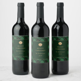 Etiqueta Para Botella De Vino Elegante Plaid Verde Feliz Navidad 