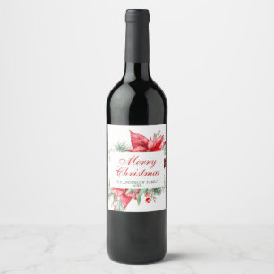 Etiqueta Para Botella De Vino Elegante Poinsettia de Acuarela Navidad Fiesta