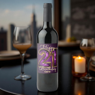 Etiqueta Para Botella De Vino Elegante púrpura y oro Gemstone 21 cumpleaños