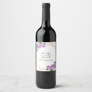 Etiqueta Para Botella De Vino Elegante Purpurina de oro Geo Boda Purple Floral