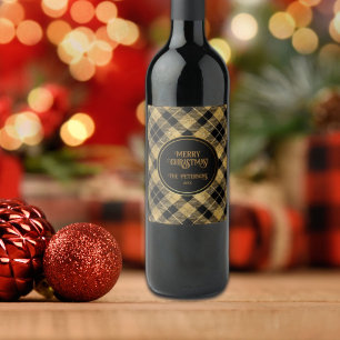 Etiqueta Para Botella De Vino Elegante Purpurina Tartan Black Gold
