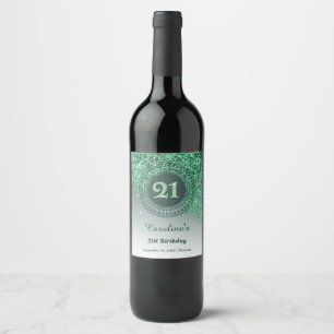 Etiqueta Para Botella De Vino Elegante Purpurina verde caída 21 cumpleaños