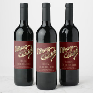 Etiqueta Para Botella De Vino Elegante Red y Gold Script Feliz Navidad