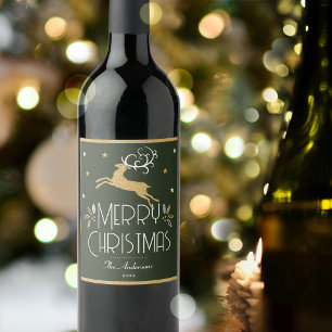 Etiqueta Para Botella De Vino Elegante Reno de Navidad Festivo Verde Oscuro Dora