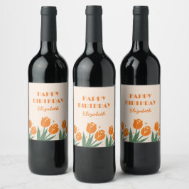 Etiqueta Para Botella De Vino Elegante retro Tulip Floral Naranja Cumpleaños