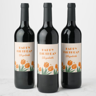 Etiqueta Para Botella De Vino Elegante retro Tulip Floral Naranja Cumpleaños