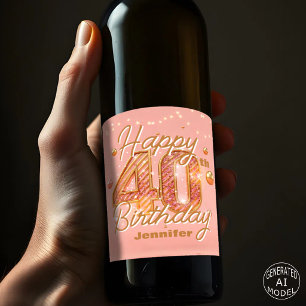 Etiqueta Para Botella De Vino Elegante Rosa Brillante y Dorado Cumpleaños 40
