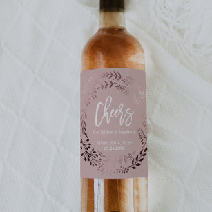 Etiqueta Para Botella De Vino Elegante Rosa de oro y Boda "Cheers" rosado